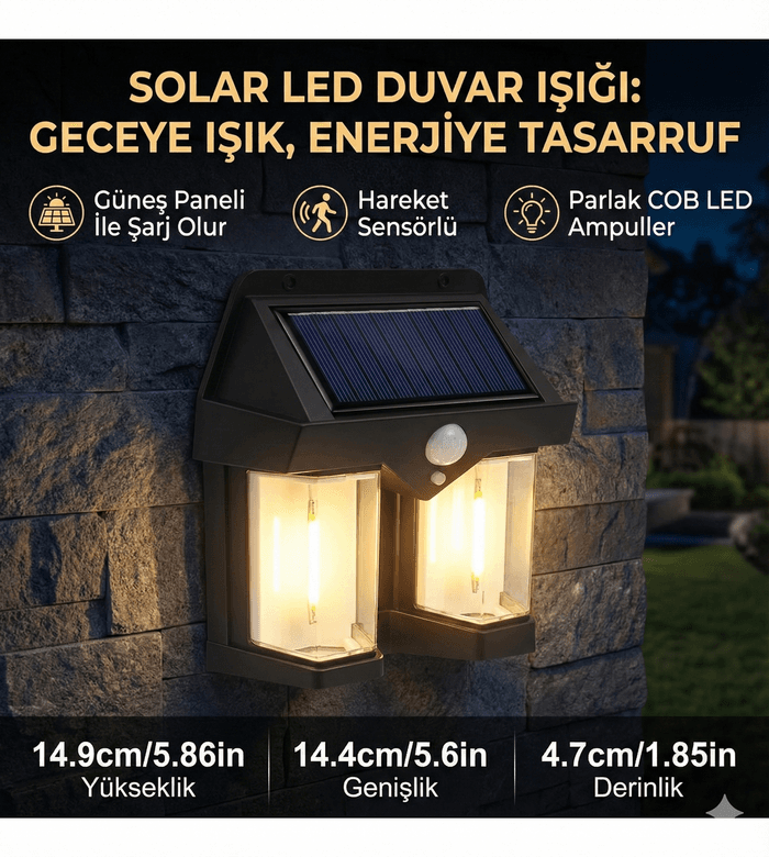 Rustik Ampul İkili Solar Duvar Aplik Güneş Enerjili Hareket Sensörlü