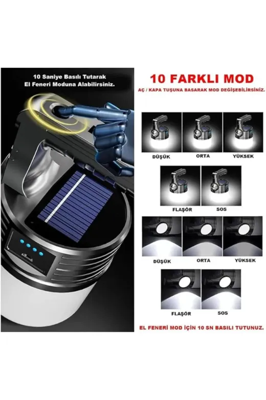 RüzgarShop RZGRSHTPYCET4JSK-C6ZA-G9IN-6 300W 10 Modlu Güneş Enerjili Solar Aydınlatma Kamp Çadır Lambası Ampül Led Şarjlı Işıldak El Feneri