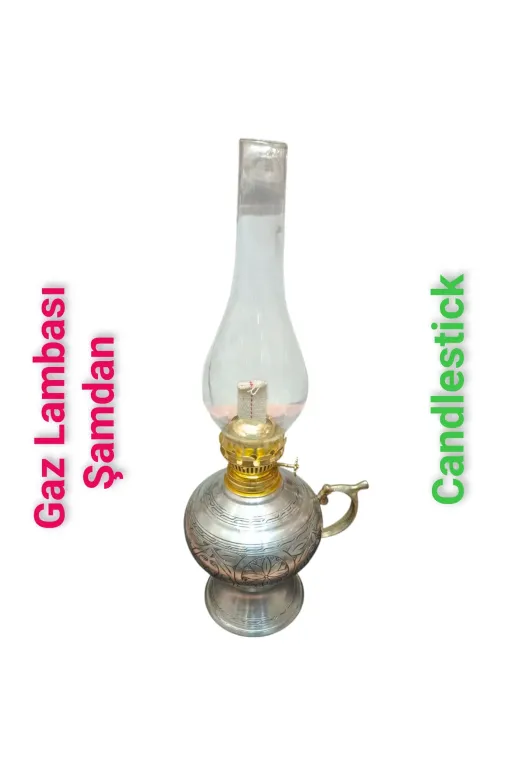 SAFİR ÇAY KAZANLARI 030620251111 Bakır Gaz Lambası Şamdan Dekoratif Antik Bakır Osmanlı Gaz Lambası Portatif Nostaljik Gaz Lambası