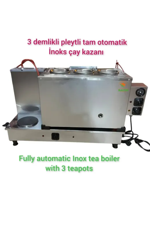 SAFİR ÇAY KAZANLARI 11022025inokspleytli3 3 Gözlü İnoks Tam Otomatik Sadece Elektrikli Pleytli Çay Kazanı İnoks Çay Makinesi Semaver Çay Ocağı