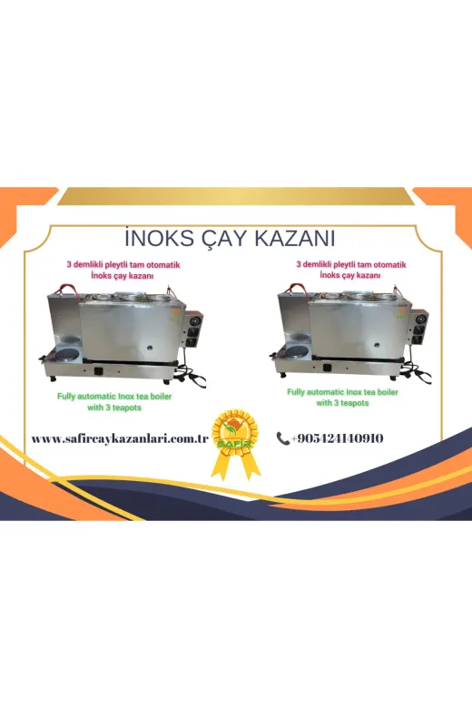 SAFİR ÇAY KAZANLARI 11022025inokspleytli3 3 Gözlü İnoks Tam Otomatik Sadece Elektrikli Pleytli Çay Kazanı İnoks Çay Makinesi Semaver Çay Ocağı