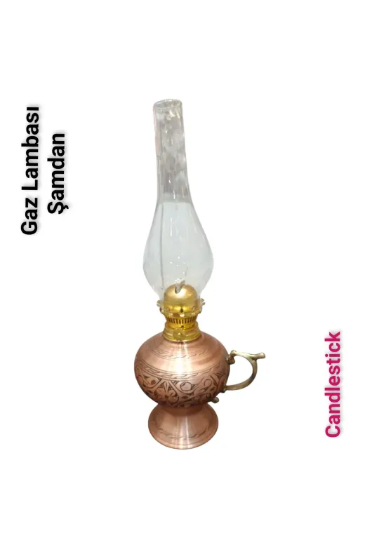 SAFİR ÇAY KAZANLARI 230520252 Bakır Gaz Lambası Şamdan Dekoratif Antik Bakır Osmanlı Gaz Lambası Nostaljik Gaz Lambası Sarı Antik
