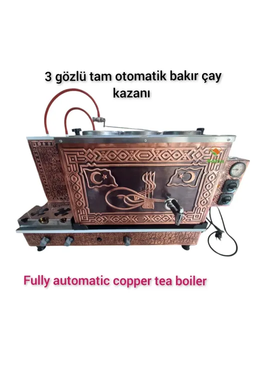 SAFİR ÇAY KAZANLARI 231120242005 3 Gözlü Bakır Çay Ocağı Çiftli Bayrak Ve Osmanlı Tuğra Modelli Bakır Çay Kazanı Tüplü Çay Semaveri