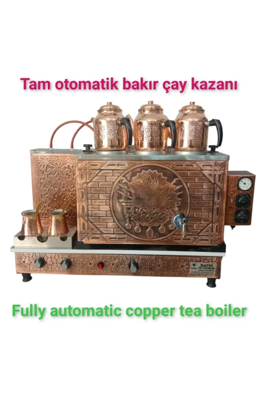 SAFİR ÇAY KAZANLARI 300520252 3 Gözlü Bakır Tam Otomatik Çay Kazanı Elektrik + Doğalgazlı Ce Gazmer Açılış Onaylı Dijital Çakmaklı