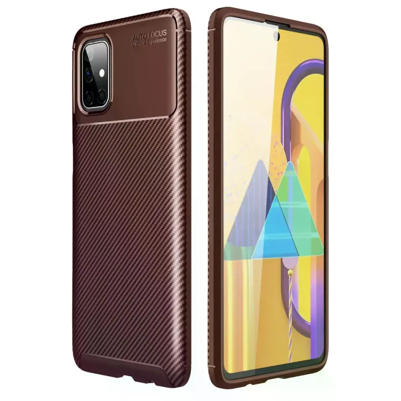 Samsung Galaxy M51 Kılıf Auto Focus Karbon Kapak - Kahverengi