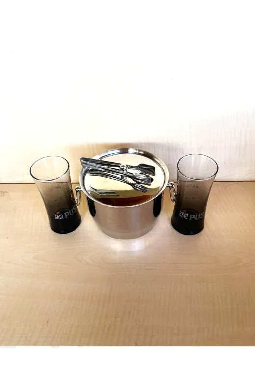 SANAT TACİRİ 7EIYT4FDH 2 Adet Pus Raki Bardaği 1 Adet Çelik Buz Kovasi Çif Katmanli Maşali Kapakli Kova