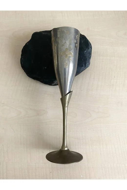 SANAT TACİRİ EK676D33F 24 Cm Antika Kalem İşlemeli Bardak El İşi Gümüş Kaplama Pirinç Kadeh No 53
