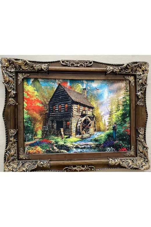 SANAT TACİRİ EK67NI6589MMNW 85X67Cm Orman Evi Dağ Evi Temali Hali Ahşap Çerçeveli Dokuma İran Halisi Tablosu Muhteşem Renkler