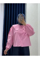Sanonia Yakası İncili Kısa Poplin Gömlek-NA792 Pembe