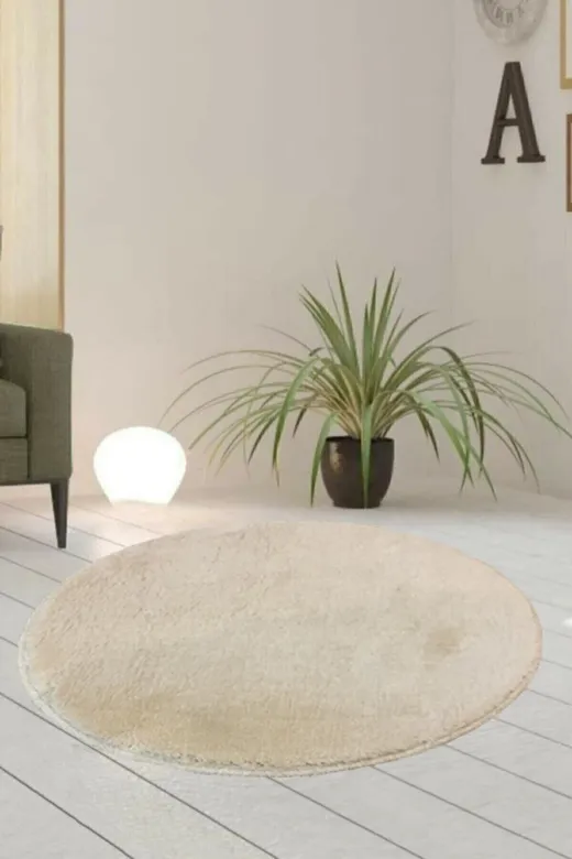 Sarar ELEGANS100P Tekli Yuvarlak Post Peluş Banyo Pas Pası Jel Kaymaz Taban Bej 100X100