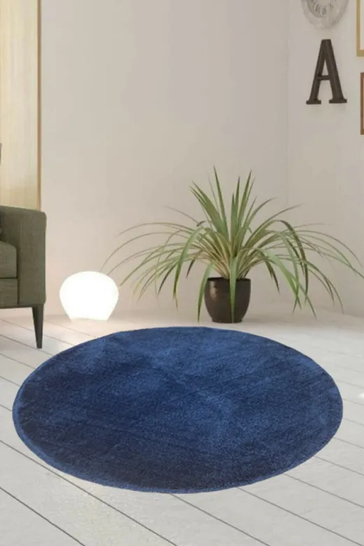 Sarar ELEGANS100P Tekli Yuvarlak Post Peluş Banyo Pas Pası Jel Kaymaz Taban Petrol Mavisi 100X100