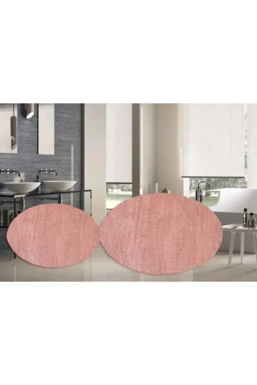 Sarar ELEGANS88 Senora 2 Li Yuvarlak Post Peluş Banyo Paspası Takımı Büyük Kaymaz Klozet Pudra 100X100 60X60