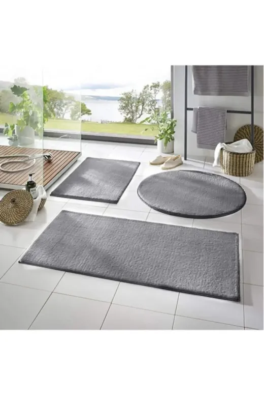 Sarar SARARPAS2121XL 3'lü Banyo Paspası Halısı Peluş Halı Klozet Takımı Koyu Gri 50X90-50X60--50X50(Yuvarlak)