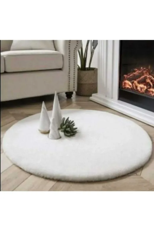 Sarar SN065 Yuvarlak Düz Renk Peluş Pofuduk Kaydırmaz Jel Taban Beyaz Renk Yeni Trend Peluş Yolluk