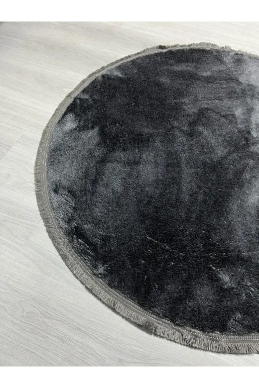 Sarar SRR0015SRR Kaymaz En Trend Yumuşak Peluş Antrasit Klasik Saçaklı Yuvarlak Dekoratif Halı