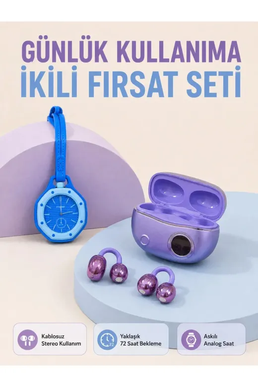 Şarj Kutulu Kablosuz Kulaklık ve Askılı og Charm Saat Seti Mor Mavi