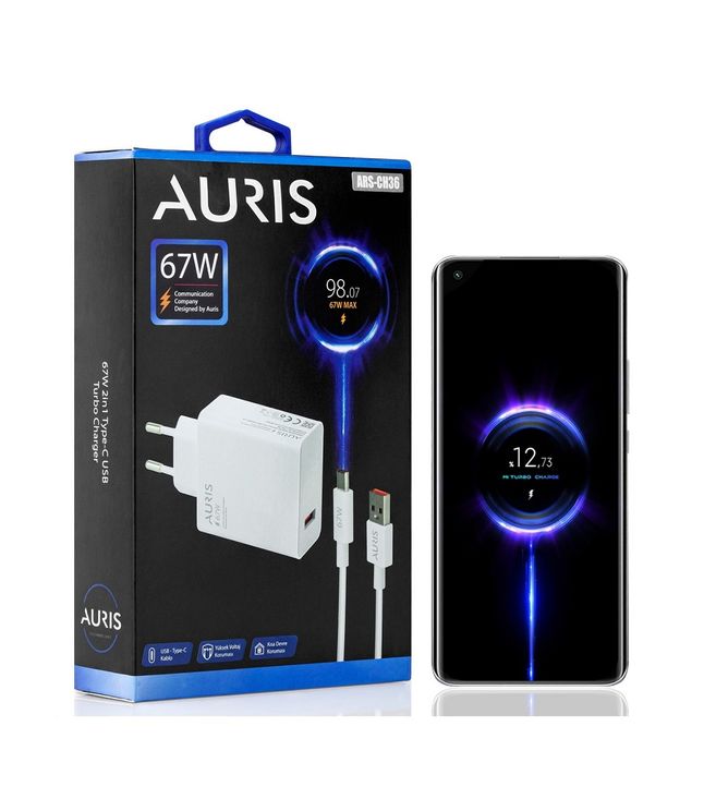 şarjaleti Auris 67W Usb Adaptörlü Saliseli Turbo Hızlı Şarj Type-C Usb Şarj Seti Ch36