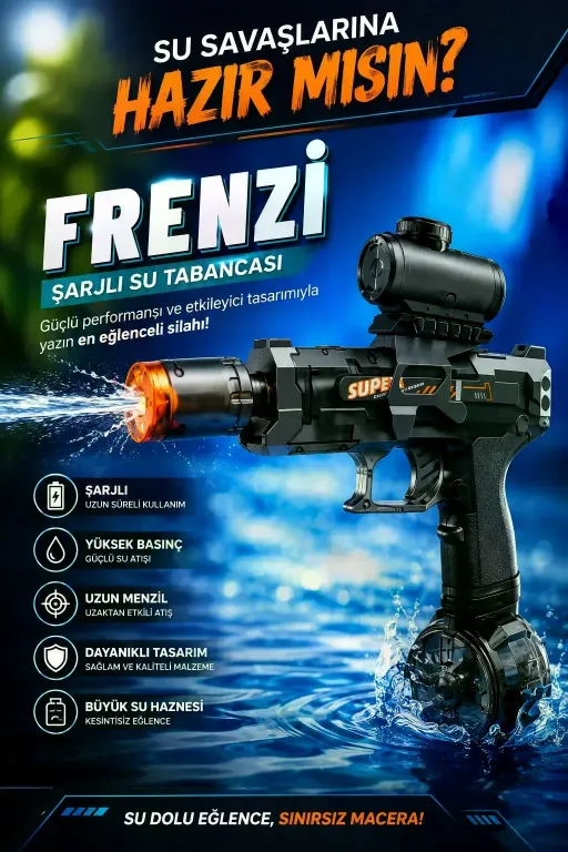 Sarjlı Otomatik Su Tabancası Led Işıklı Geniş Su Hazneli Gerçekçi Geri Tepme Efektli Uzak Menzilli