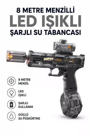 Sarjlı Otomatik Su Tabancası Led Işıklı Geniş Su Hazneli Gerçekçi Geri Tepme Efektli Uzak Menzilli