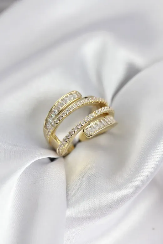 Sarmal Zirkon Baget Taşlı Gold Renk Kadın Yüzük TJ-BYK3930