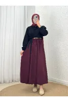 Seniha Büzgülü Çift Cepli Kemerli Etek-PA203 Bordo