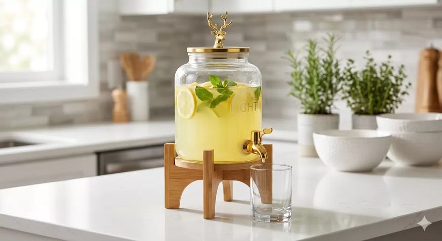 sepetopia 129940135 Geyik Figürlü Gold Lüks Cam İçecek Sebili - 3.6 Litre Bambu Standlı Meyve Suyu Kovası
