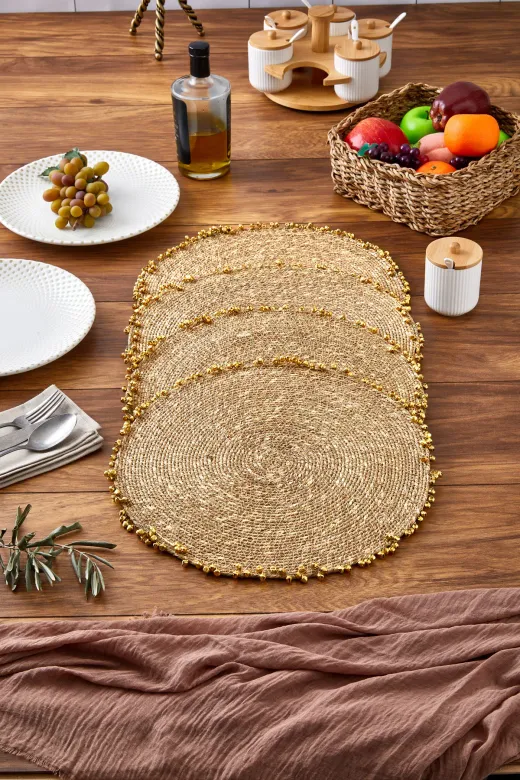 SET-1717-4 Seagrass Hasır Yuvarlak Amerikan Servis Supla Gold 4 Lü