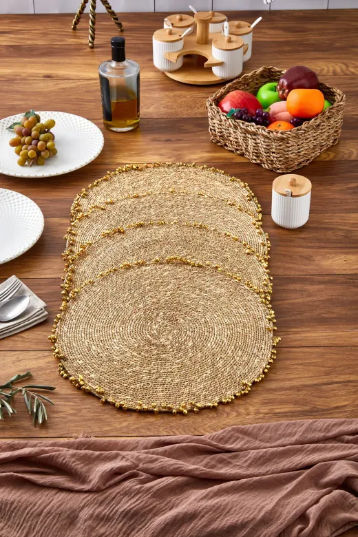 SET-1717-4 Seagrass Hasır Yuvarlak Amerikan Servis Supla Gold 4 Lü