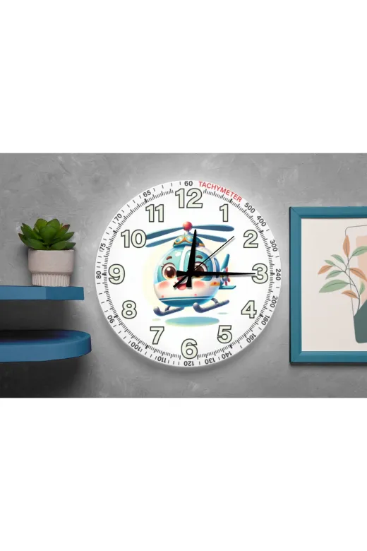 Sevimli Helikopter Karakterli Sessiz Mekanizma Duvar Saati – Çocuk Odası Dekoratif
