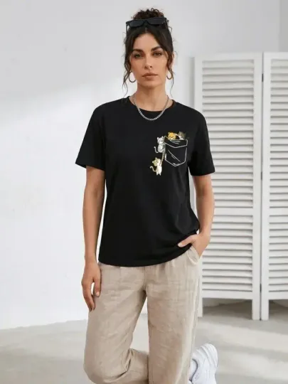 Sevimli Kedi Cep Baskılı Tişört Kısa Kol Yazlık T-Shirt - Siyah - S - Siyah
