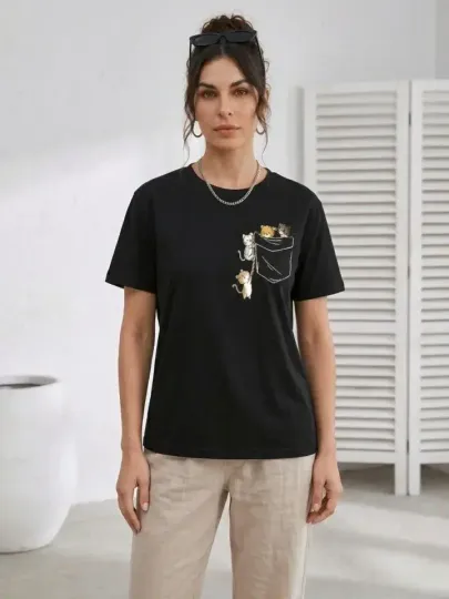 Sevimli Kedi Cep Baskılı Tişört Kısa Kol Yazlık T-Shirt - Siyah - M - Siyah