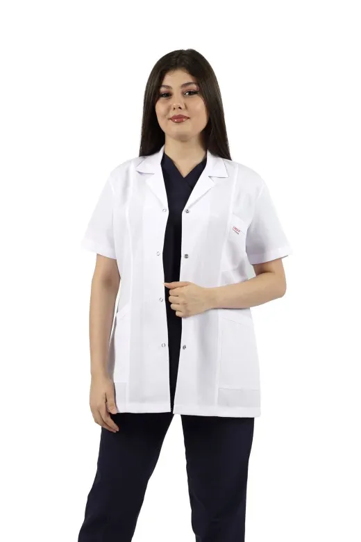 SEZA TEKSTİL 100100215 Gömlek Yaka Kısa Kol Beyaz Önlük Kadın Doktor Öğretmen Hemşire Laboratuvar Önlüğü