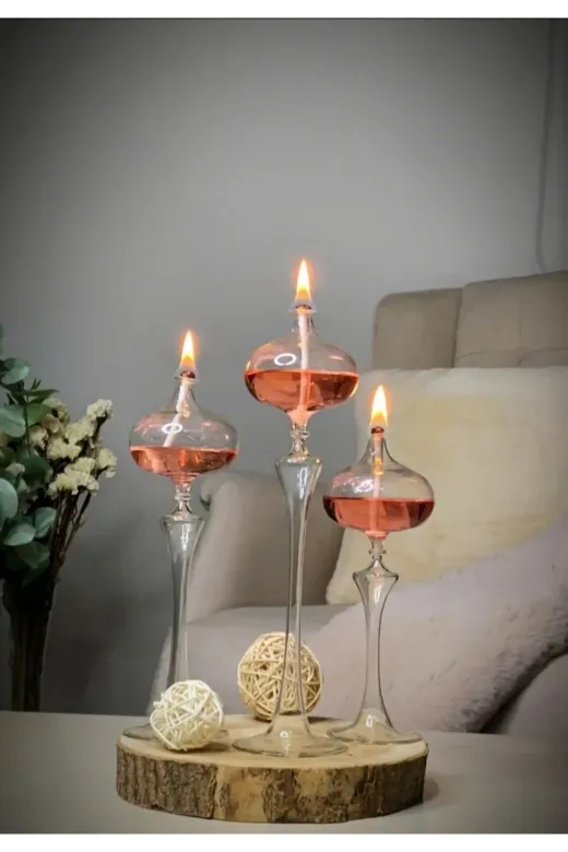 Shabbo Glass 200102 Elips Ayaklı Cam Kandil 3Lü Set Pembe