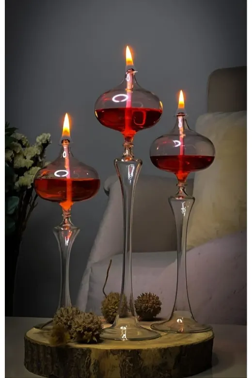 Shabbo Glass 200400SHBO Elips Şamdan Cam Kandil 3Lü Set Kırmızı