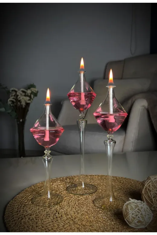 Shabbo Glass 5008shabbo Diamond Ayaklı Cam Kandil 3 Lü Set Pembe