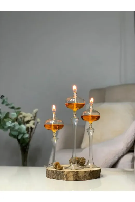 Shabbo Glass Shabbo14000 Elips Şamdan Cam Kandil 3Lü Set Amber Hediyelik Dekoratif Aksesuar
