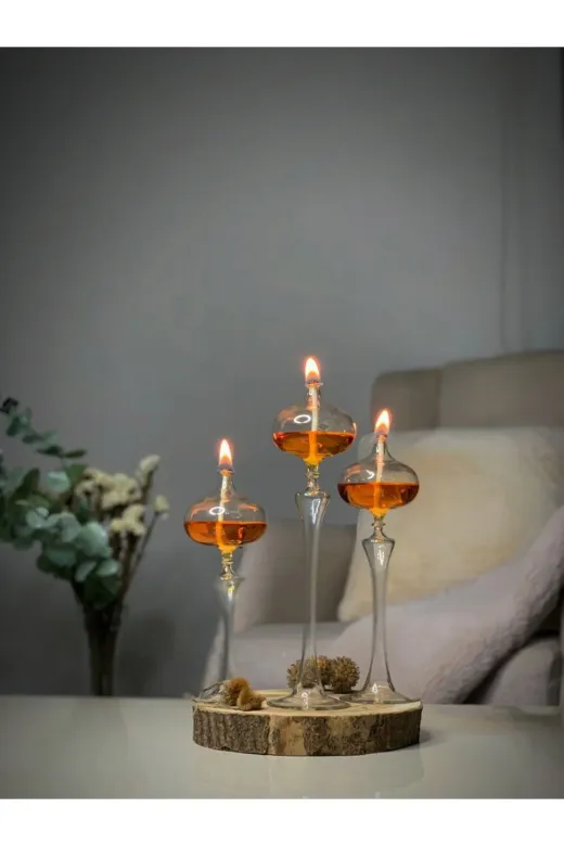 Shabbo Glass Shabbo14000 Elips Şamdan Cam Kandil 3Lü Set Amber Hediyelik Dekoratif Aksesuar