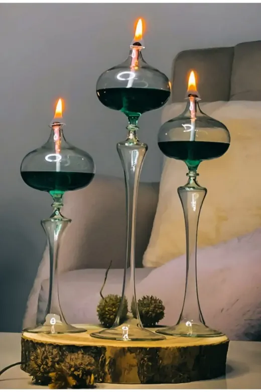 Shabbo Glass SHABBO17000 Elips Şamdan Cam Kandil 3Lü Set Yeşil