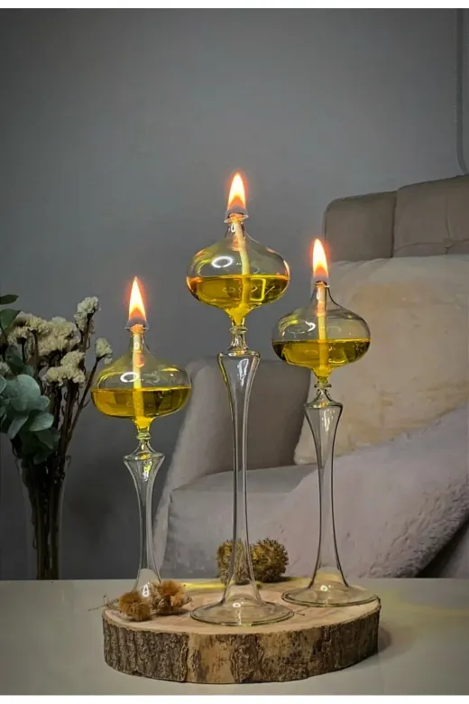 Shabbo Glass SHABBO18000 Elips Şamdan Cam Kandil 3Lü Set Sarı