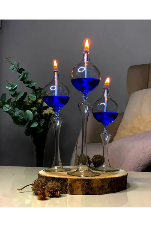 Shabbo Glass SHB0020220010 Drops Ayaklı Cam Kandil 3'lü Set Kandil Yağı
