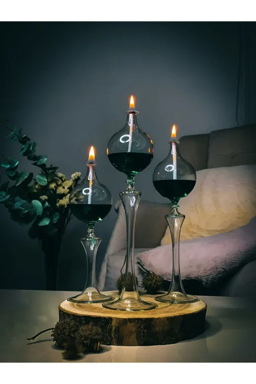 Shabbo Glass SHB0020220010 Drops Ayaklı Cam Kandil 3'lü Set Kandil Yağı Zümrüt Yeşili