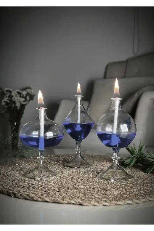 Shabbo Glass SHB0020220012 Tablalı Mix Cam Kandil 3'lü Set + Kandil Yağı