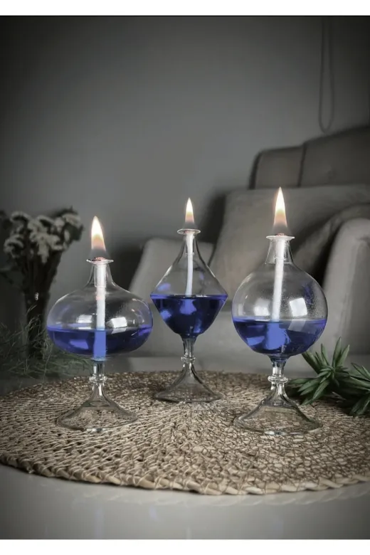 Shabbo Glass SHB0020220012 Tablalı Mix Cam Kandil 3'lü Set + Kandil Yağı