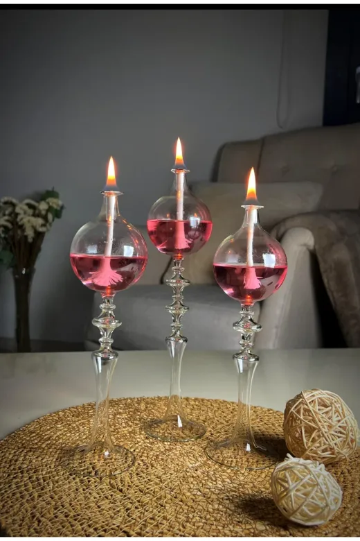 Shabbo Handmade Glass 5009SHBBO Drops Düğmeli Ayaklı Cam Kandil Üçlü Set Pembe 2Li