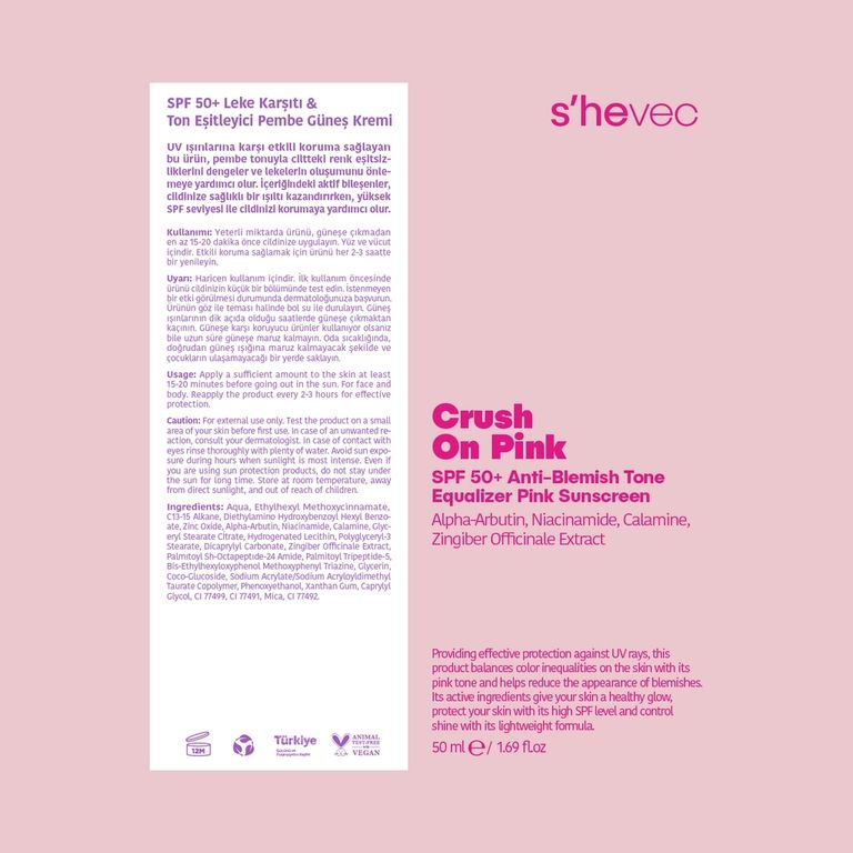 She 10215111 Vec Crush On Pink Ton Eşitleyici, Leke Karşıtı Ve Aydınlatıcı Pembe 50+Spf Güneş Kremi 50 Ml