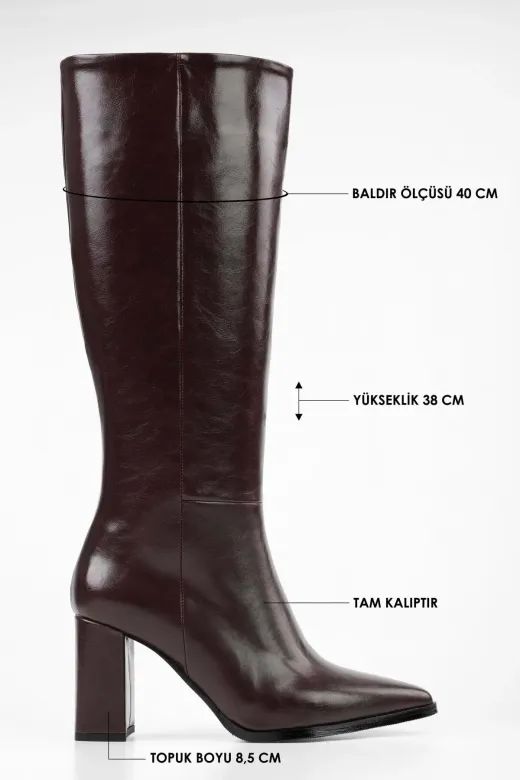 Shoeberry XKL0810 Kadın Brave Bordo Cilt Topuklu Çizme