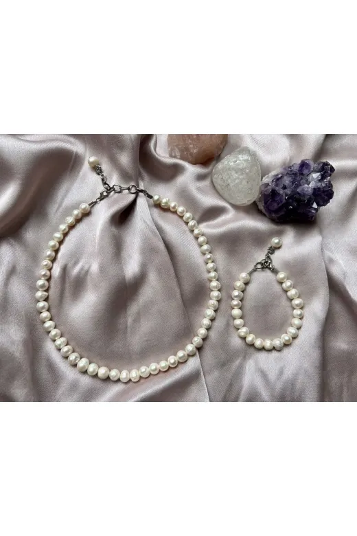 ŞİFA SHOP 003inciset Gerçek Inci Doğal Kültür Incisi Kolye Bileklik Set 7-8 Mm
