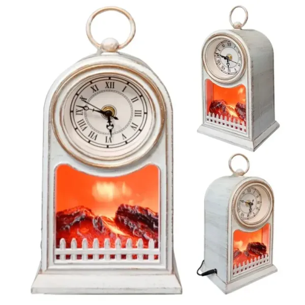 Şık Dekoratif Eskitme Şömine 27 Cm Led Işıklı Saat