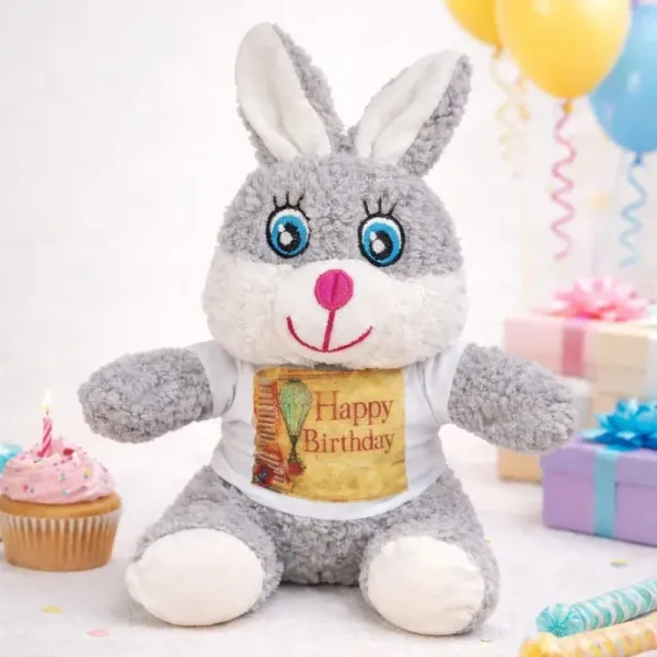 Şık Doğum Günü Tişörtlü Peluş Tavşan 25 Cm