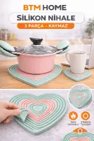 Silikon Nihale 3 Parça Kalp Şekilli Isıya Dayanıklı Tencere Tava Çaydanlık Altlığı Kaymaz